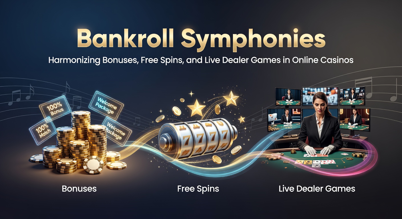Vibrant graphic showing casino chips, spinning reels, and live dealer tables intertwined like musical notes in a symphony, symbolizing bankroll harmony