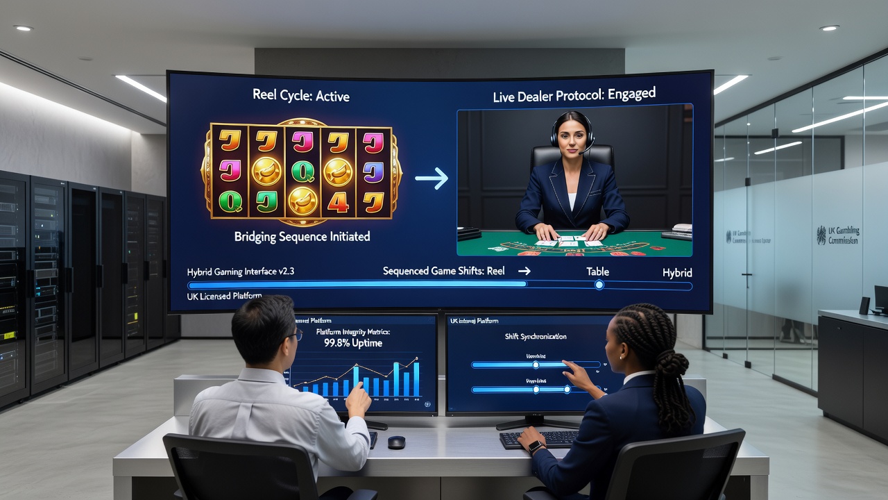 Split screen view of online casino with slot reels on left and live dealer table on right during a sequenced game transition