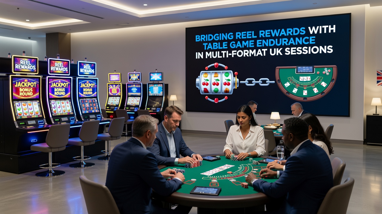 Blackjack table interface next to spinning reel display in a UK online casino platform