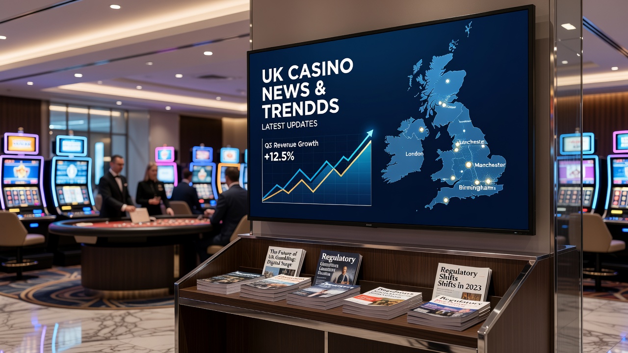 Digital illustration of UK online casino interface with regulatory icons like locks and limits overlayed on slot reels and gaming tables