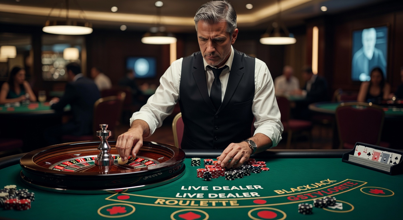 Live dealer at roulette table displaying subtle hand gesture during spin preparation