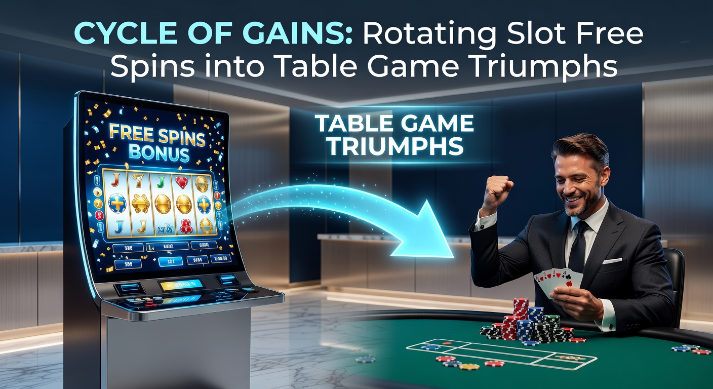 Dynamic graphic showing a bankroll growing from slot free spins icons flowing into poker chips and blackjack cards on a casino table