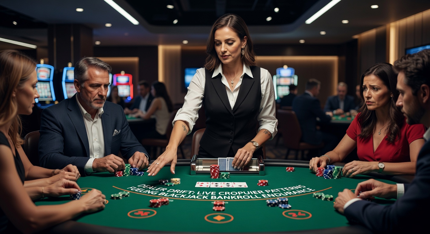 Live blackjack dealer shuffling cards at a high-tech online casino table, highlighting subtle hand movements and patterns