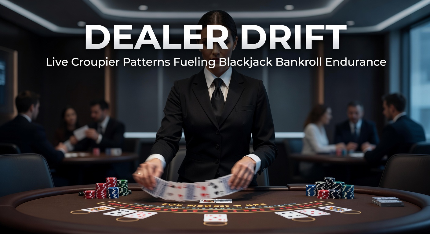 Close-up of a croupier's hands revealing a pattern in card distribution during a live blackjack game, with digital overlays showing drift metrics