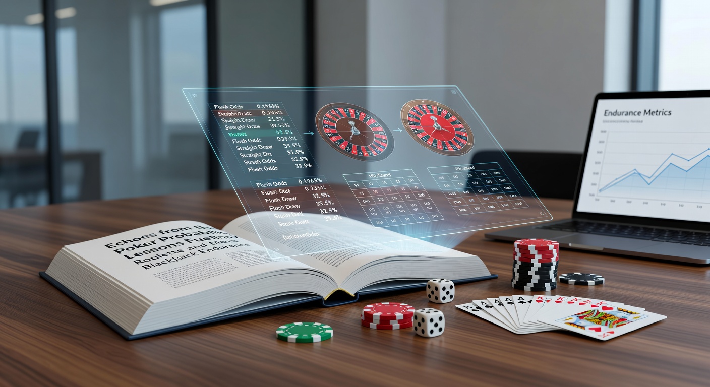 A poker table with chips and cards, transitioning to roulette wheel and blackjack hand, symbolizing probability connections across games