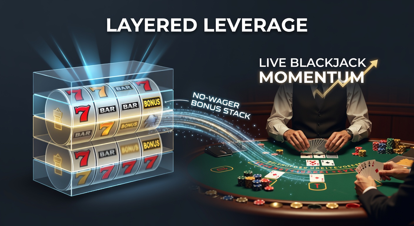 Live blackjack dealer dealing cards amid glowing slot bonus icons, symbolizing the strategic handoff from spins to tables