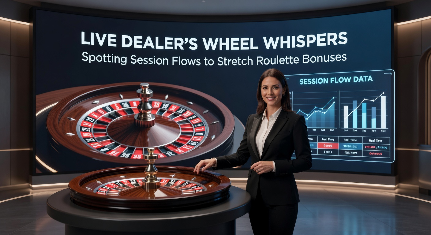 Close-up of a roulette wheel mid-spin with a live dealer’s hand visible, overlaid stats showing session flow charts and bonus progress bars