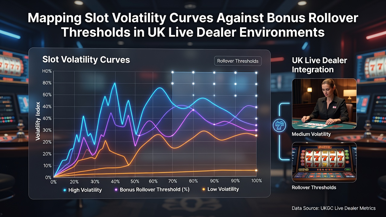 Diagram showing slot volatility curves plotted against various bonus rollover thresholds in a UK casino interface