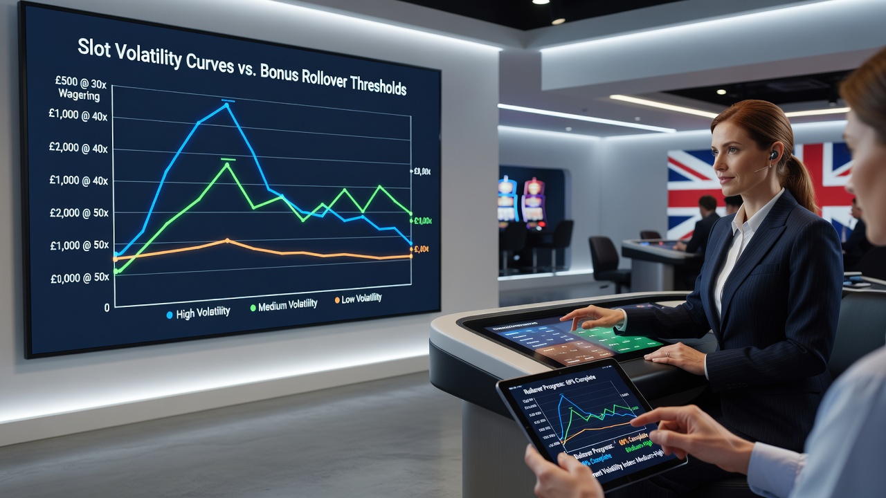 Graph comparing medium and high volatility slot performance across increasing bonus rollover levels in live dealer environments