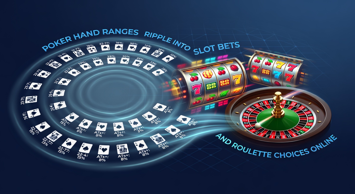 Digital poker table displaying hand range charts transitioning into slot reels and roulette wheel graphics, illustrating strategic overlap in online casino play