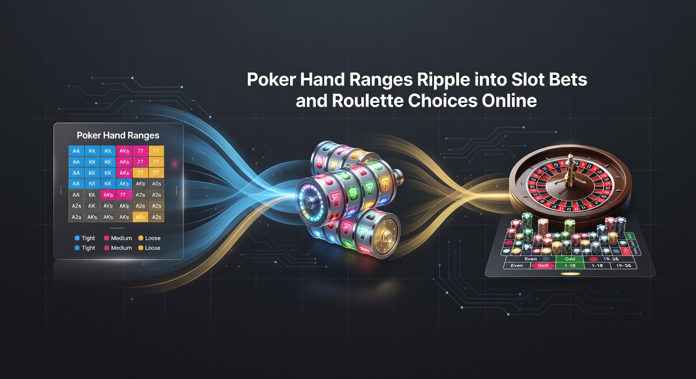 Online casino interface showing poker range chart overlaid on slot paytable and roulette bet layout, highlighting strategic decision points