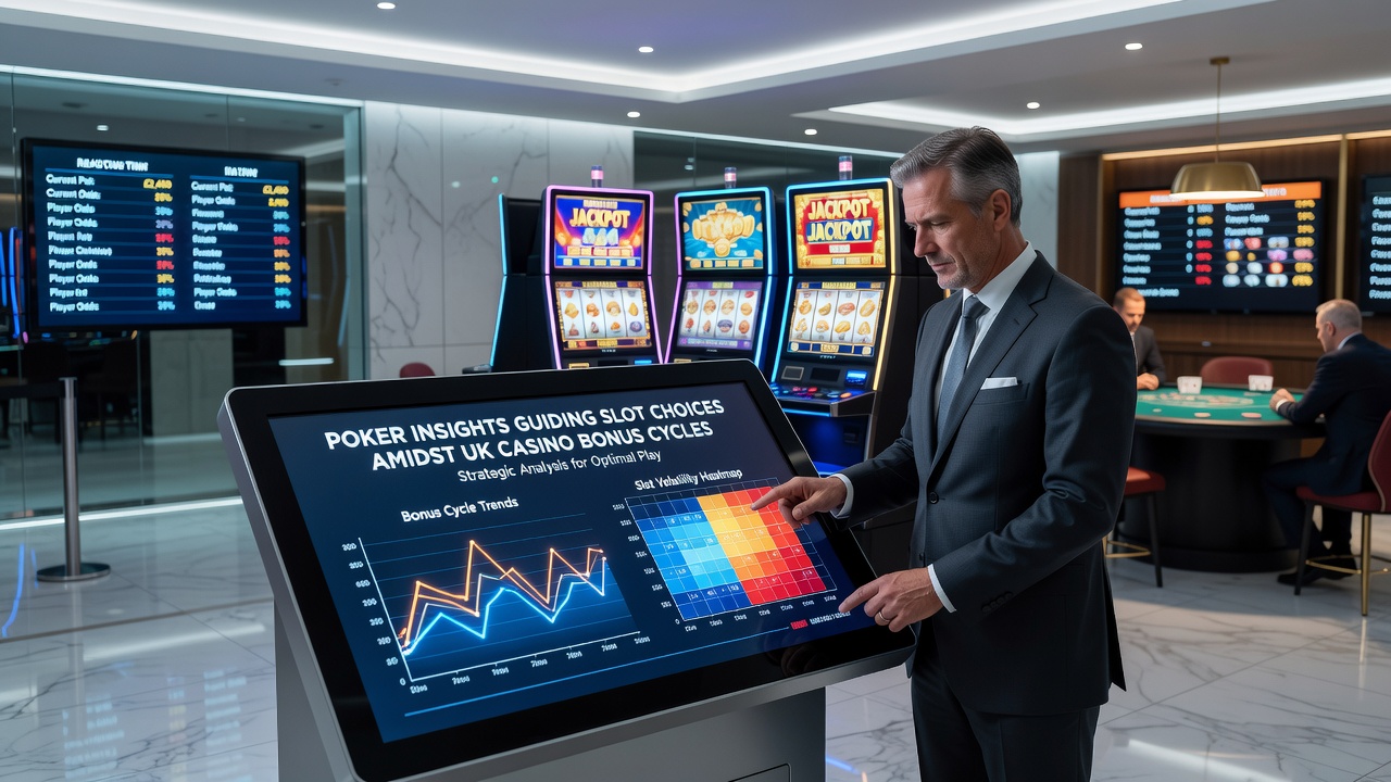 Close-up view of poker chips and slot bonus symbols arranged on a digital interface representing strategic casino play