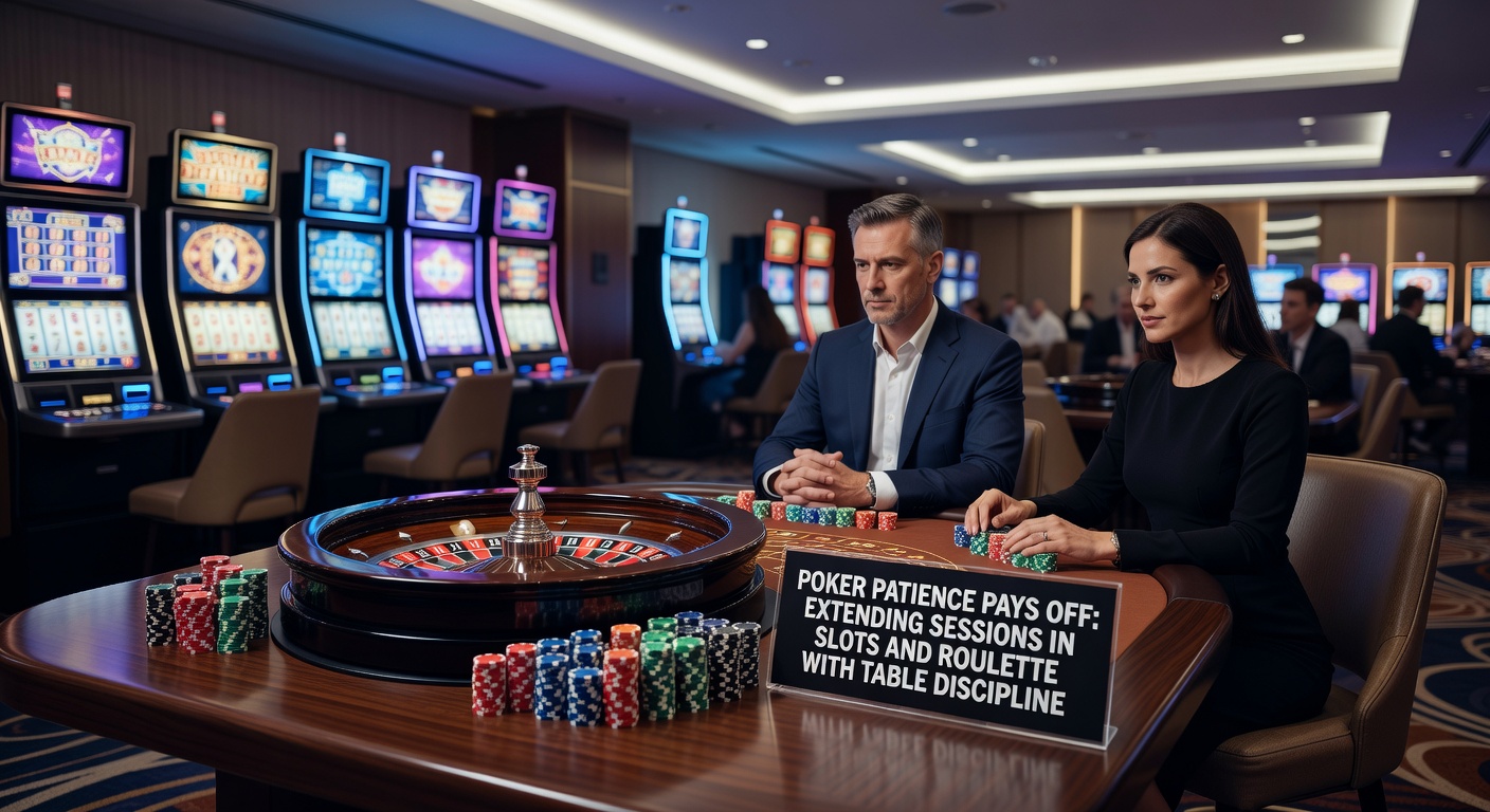 Roulette wheel in motion with chips stacked methodically, illustrating disciplined betting patterns