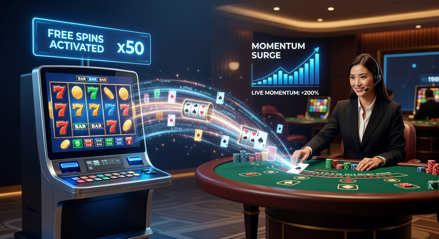 Dynamic split-screen view of slot free spins exploding with wins alongside a live dealer dealing cards, illustrating strategic game transitions
