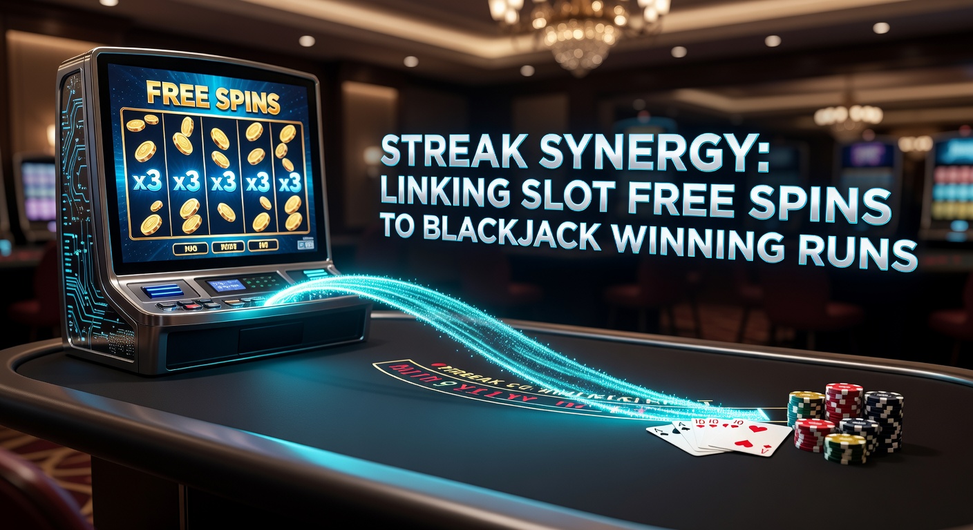 Vibrant slot reels exploding with free spin symbols morphing into a blackjack table stacked with winning hands, symbolizing seamless bankroll transition