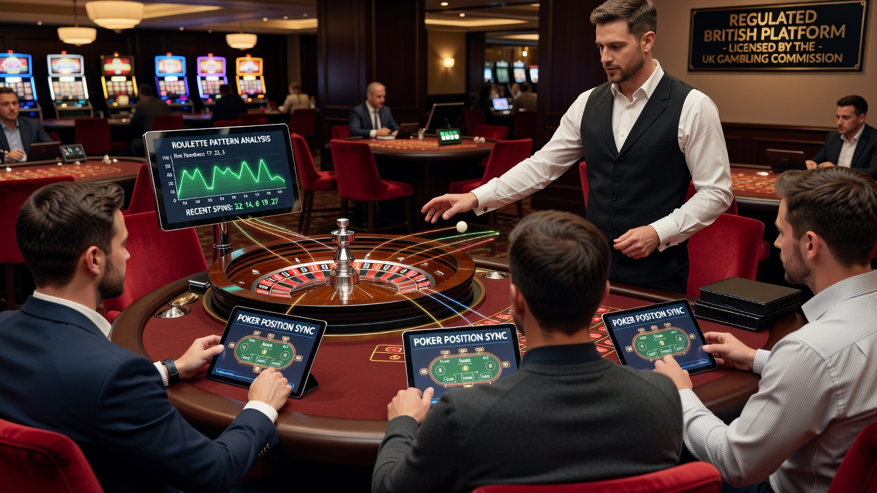 Split view showing poker seating chart next to live roulette result history on a British licensed interface
