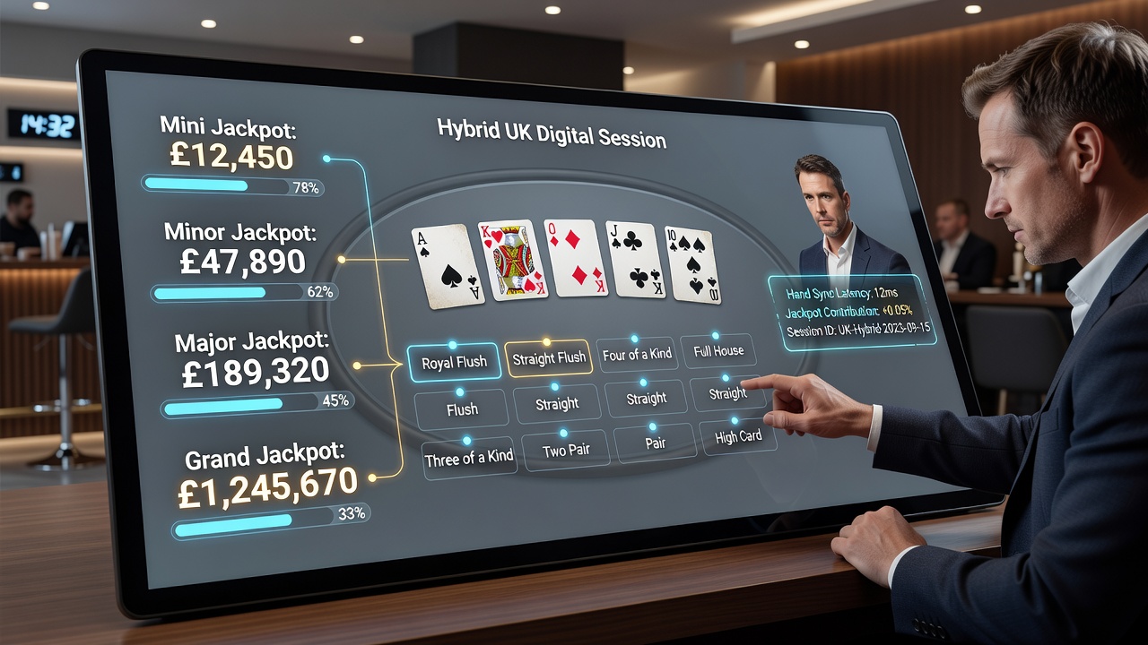 Live hybrid poker interface displaying synchronized progressive jackpot meters during active play