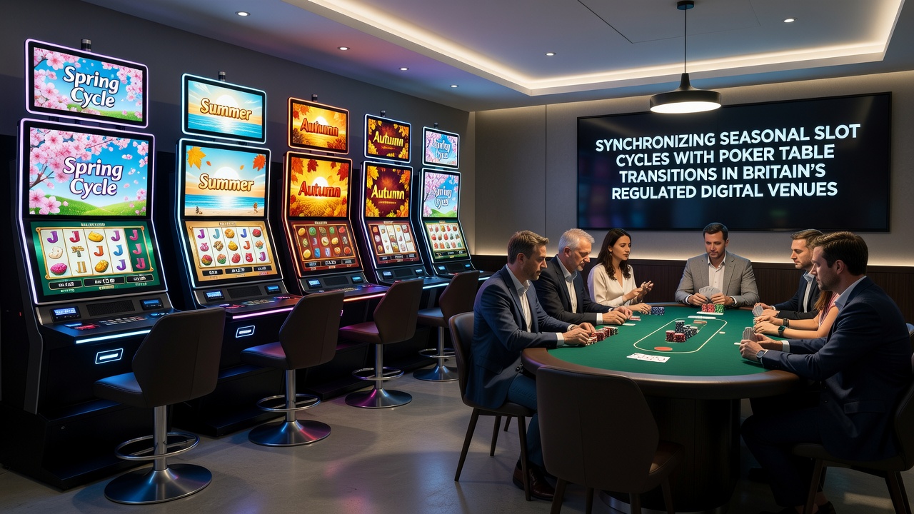 Digital interface showing seasonal slot themes transitioning into poker tables on a regulated British gaming platform