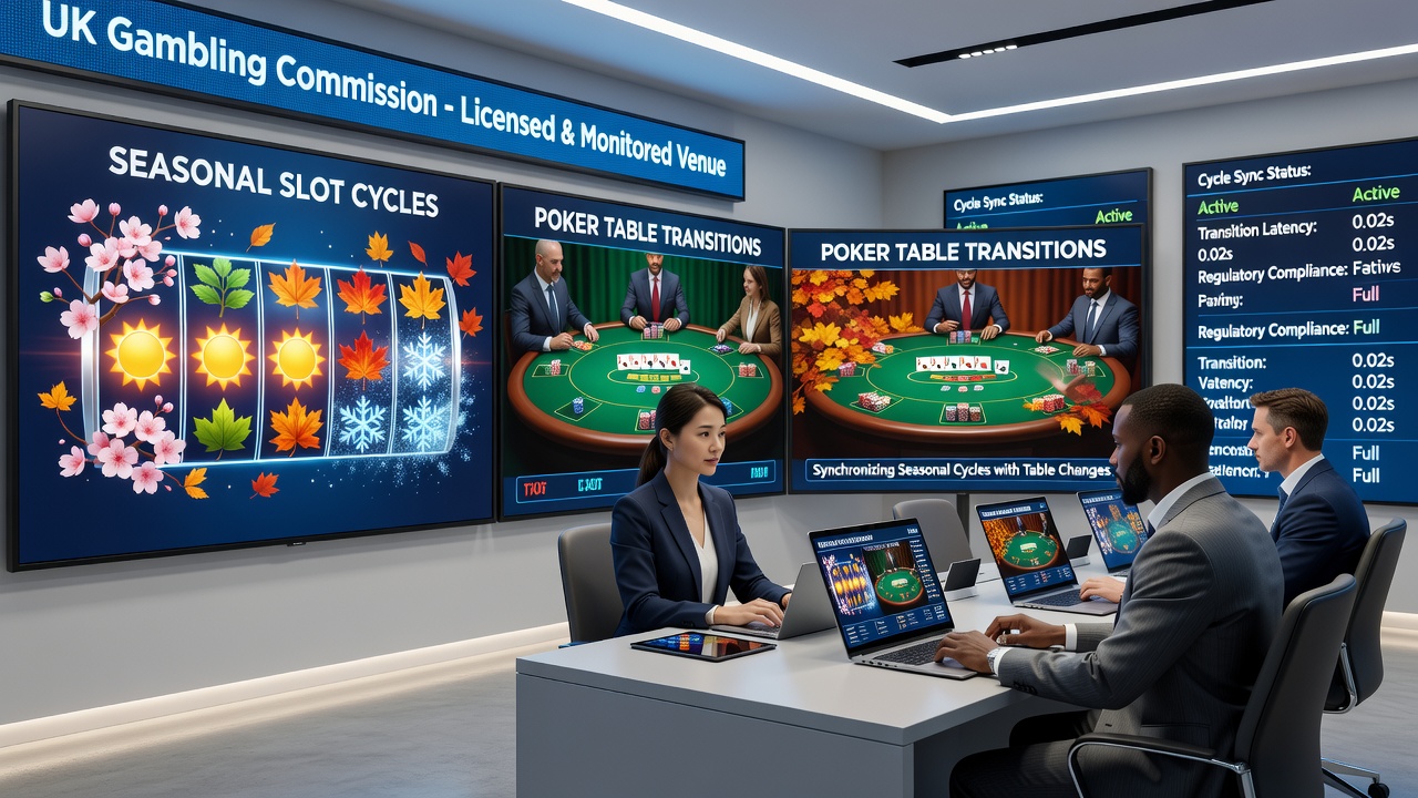 Split-screen view of a seasonal slot game beside an active poker table in a British regulated digital venue