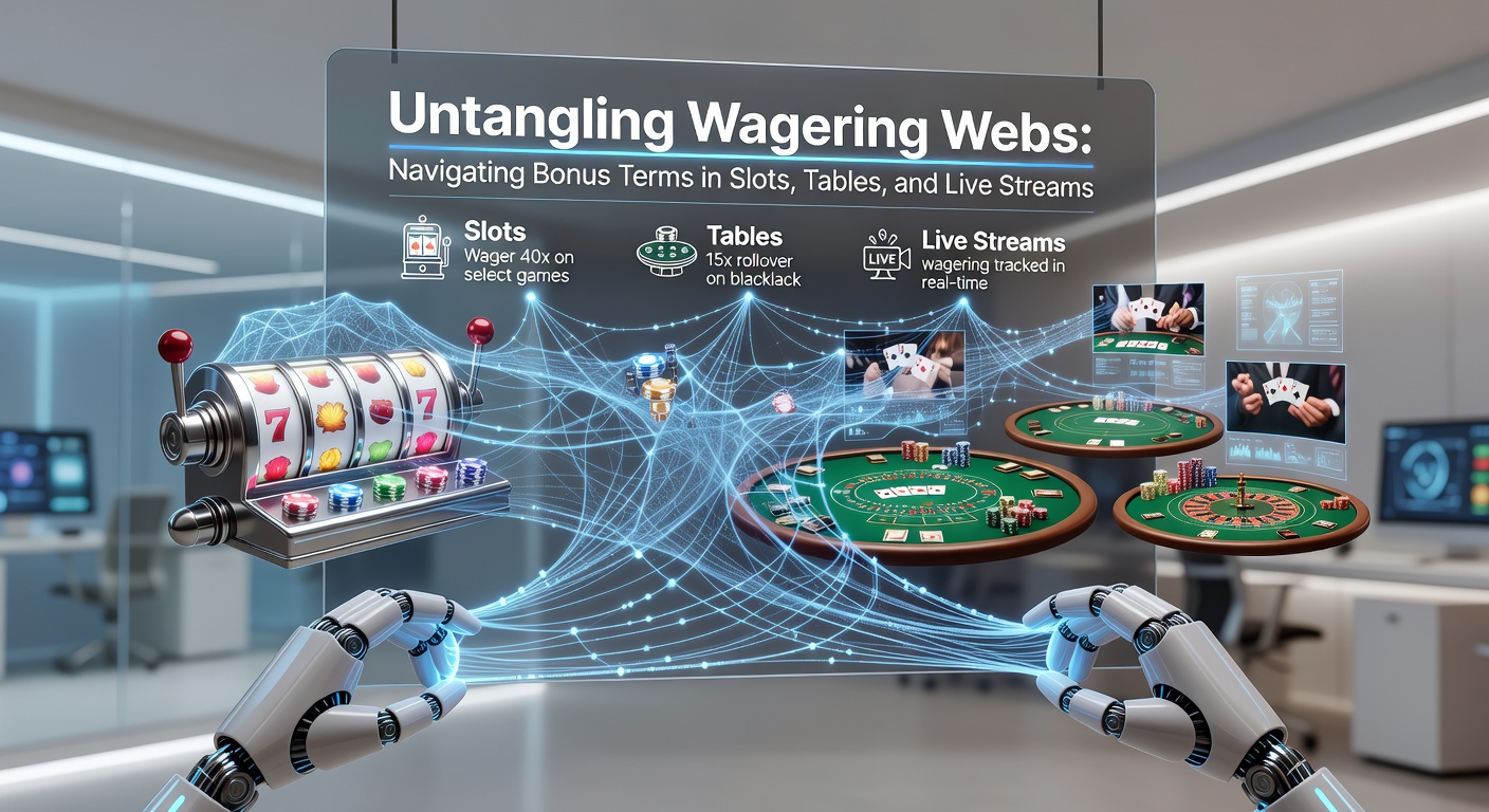 Illustration of a complex web representing wagering requirements in online casino bonuses, with slots reels, card tables, and live dealer streams entangled